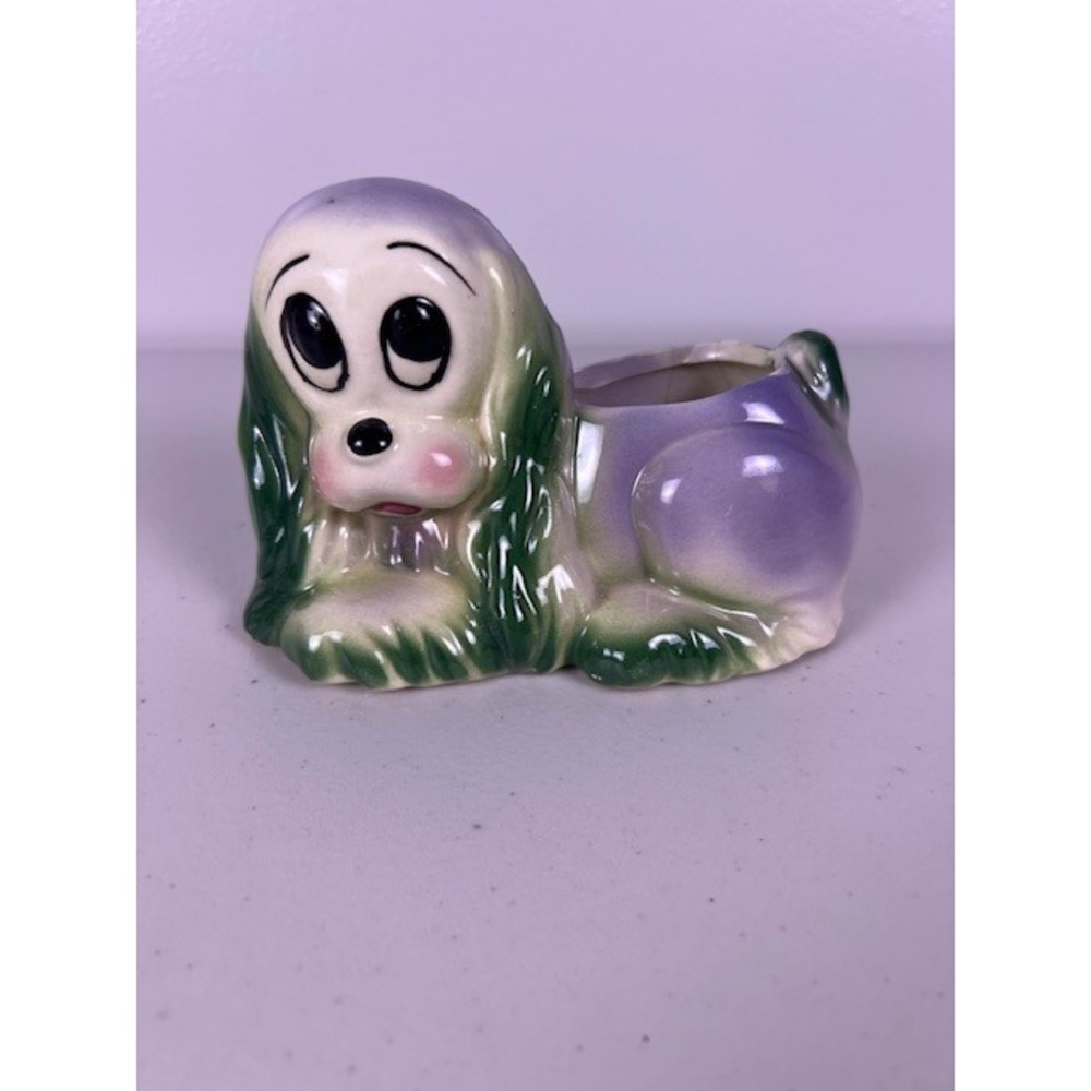 Vintage Kitsch Purple and Green Ceramic Dog Planter Big Eye Puppy Figurine